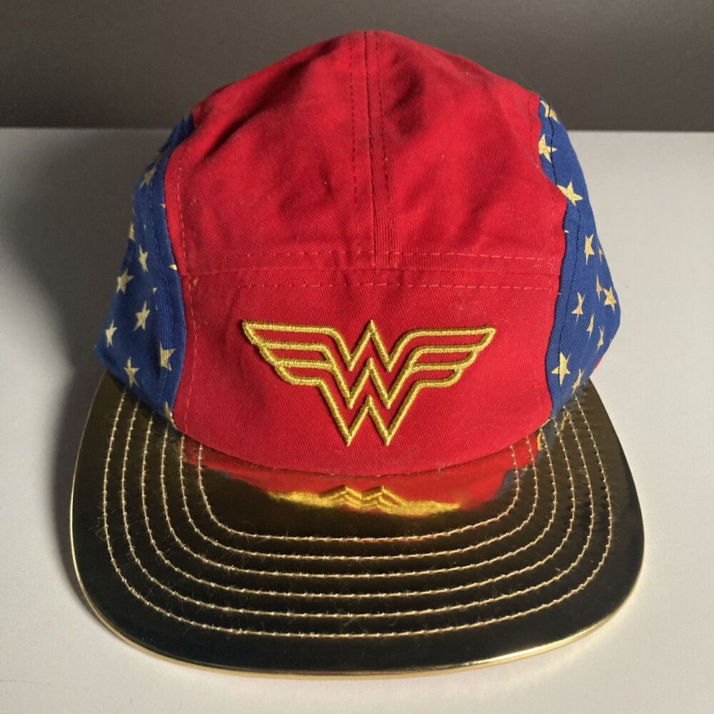 Wonder Woman Hat Red & Blue w/ Gold Bill (DC Comics, One Size Adjustable) Cap